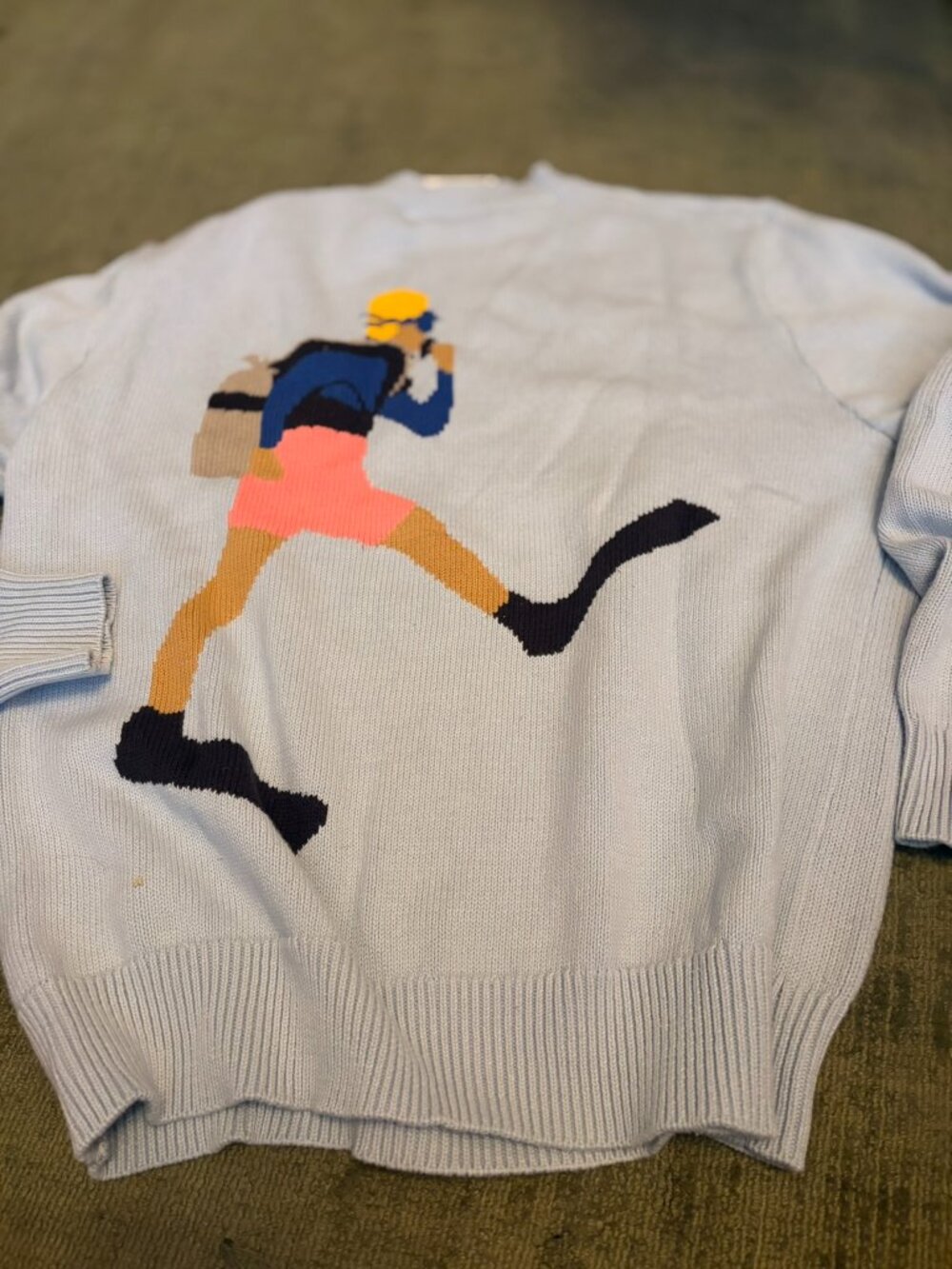 Yellow Light Blue Scuba Diver Intarsia Knit Sweater Size Small